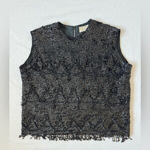 Elegant Beaded Black Sleeveless Glam Top Sequins Fringe